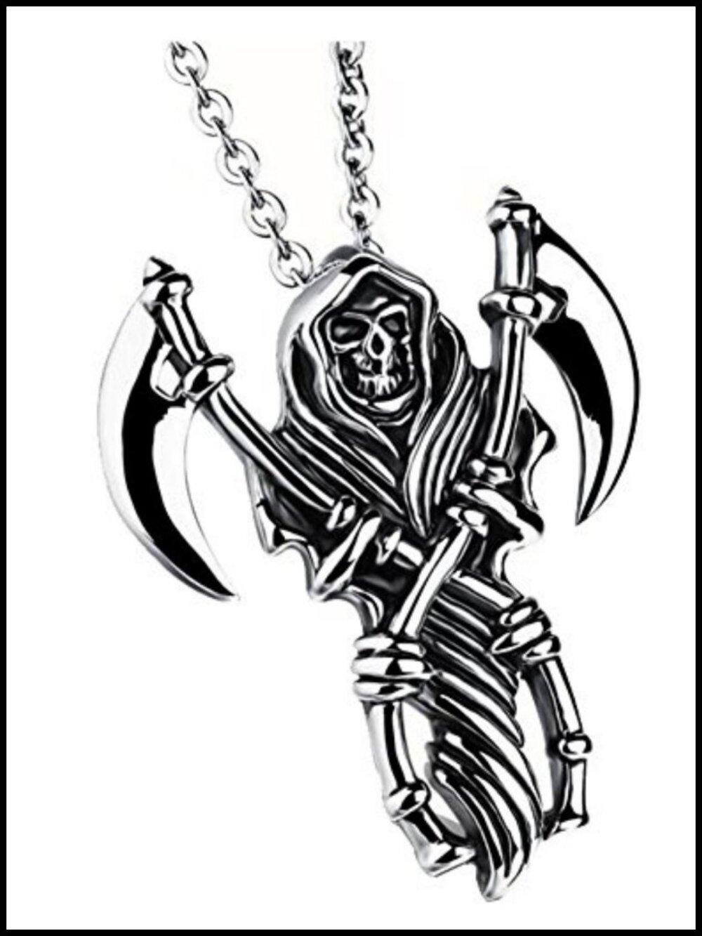 Mens 316L Stainless Steel Grim Reaper Skull Head Pendant O-Chain Necklace